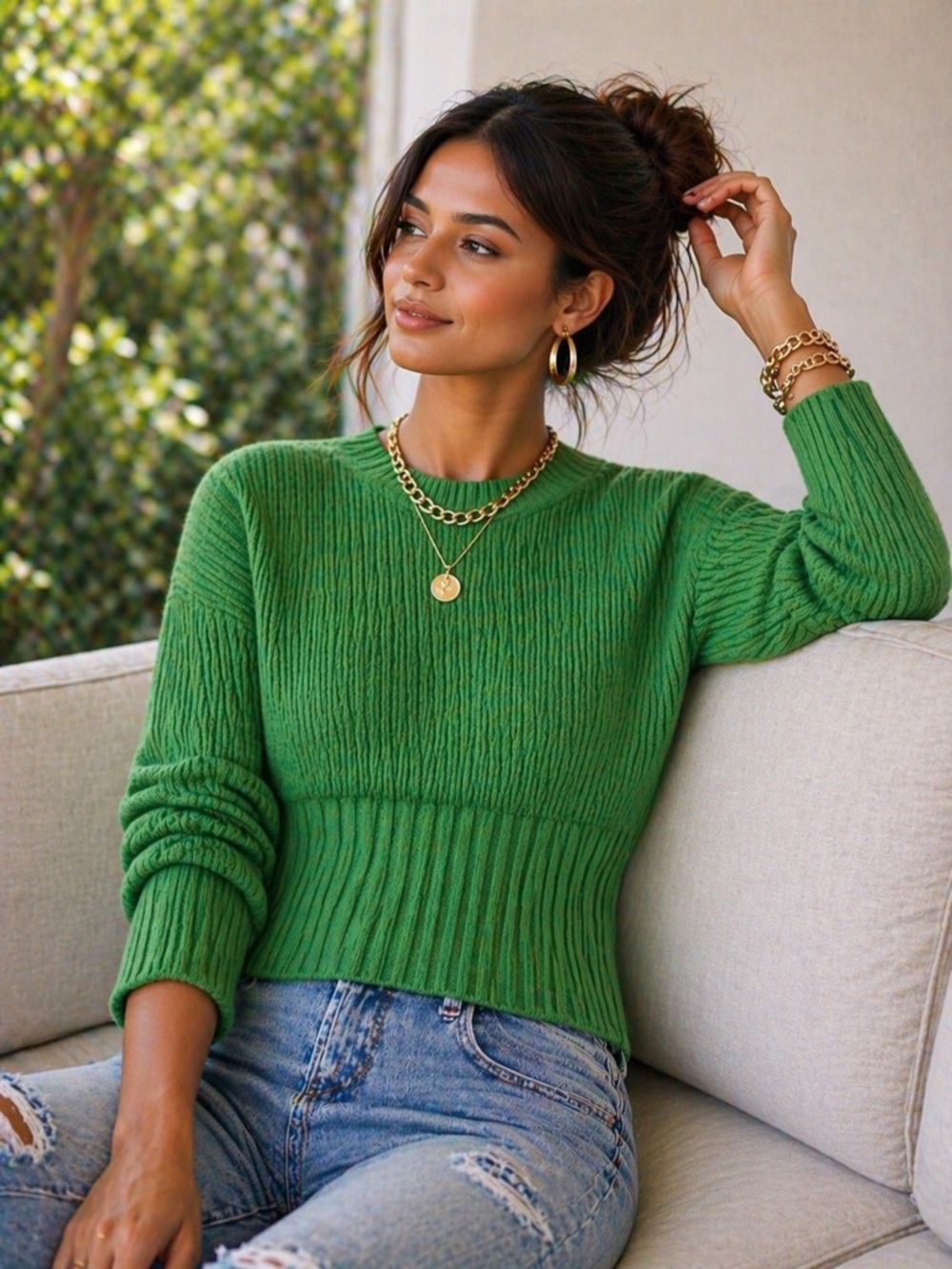 Pink Rose Bright Green Ribbed Crewneck Sweater